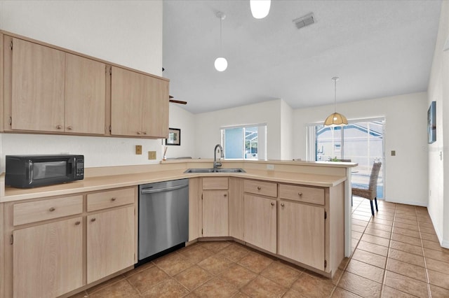 kitchen with dishwasher, sink, light brown cabinets, and decorative light fixtures