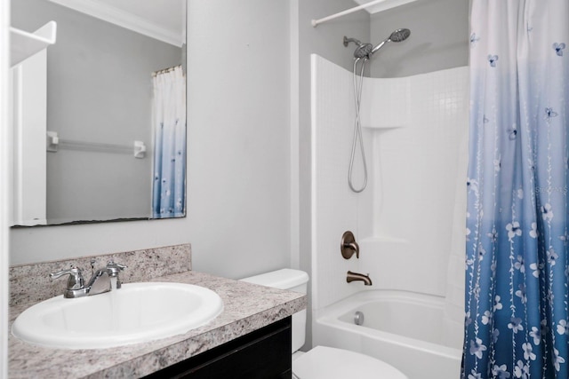 full bathroom featuring ornamental molding, shower / bathtub combination with curtain, vanity, and toilet