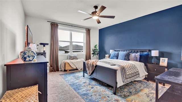 carpeted bedroom with ceiling fan