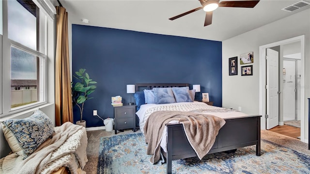 bedroom featuring carpet flooring and ceiling fan