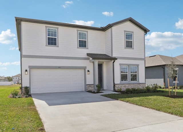 traditional home with stucco siding, concrete driveway, an attached garage, a front yard, and stone siding