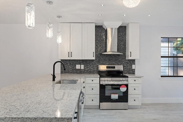 kitchen featuring electric stove, white cabinetry, sink, and wall chimney range hood