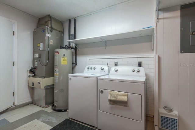 laundry room with heating unit, washing machine and dryer, electric water heater, and electric panel