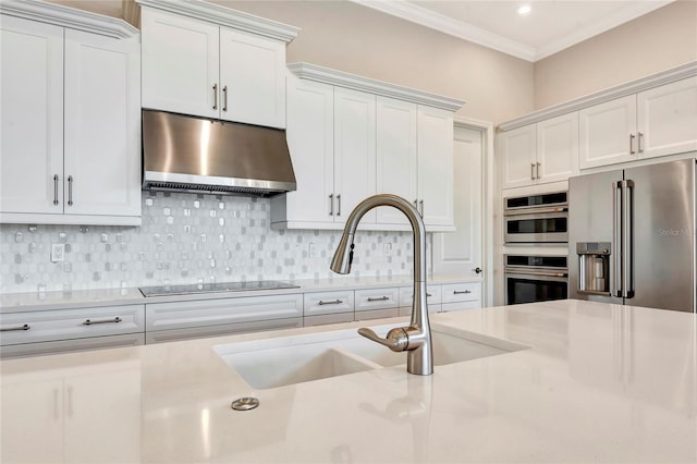 kitchen featuring sink, crown molding, appliances with stainless steel finishes, white cabinetry, and tasteful backsplash