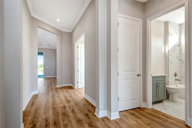 corridor with crown molding and light hardwood / wood-style floors