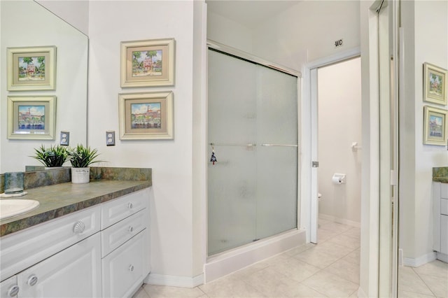 bathroom with walk in shower, vanity, toilet, and tile patterned flooring