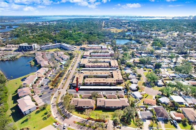 drone / aerial view featuring a water view