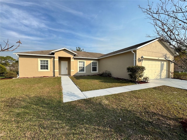 single story home featuring a garage and a front yard