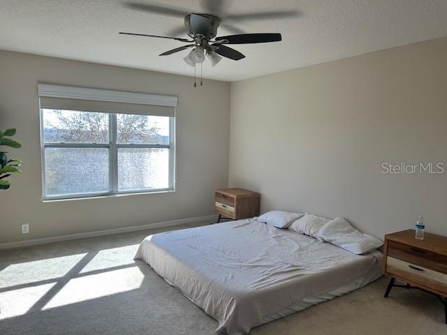 bedroom featuring ceiling fan, carpet, and a textured ceiling