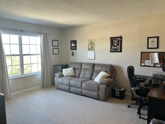 home office featuring light colored carpet and a textured ceiling