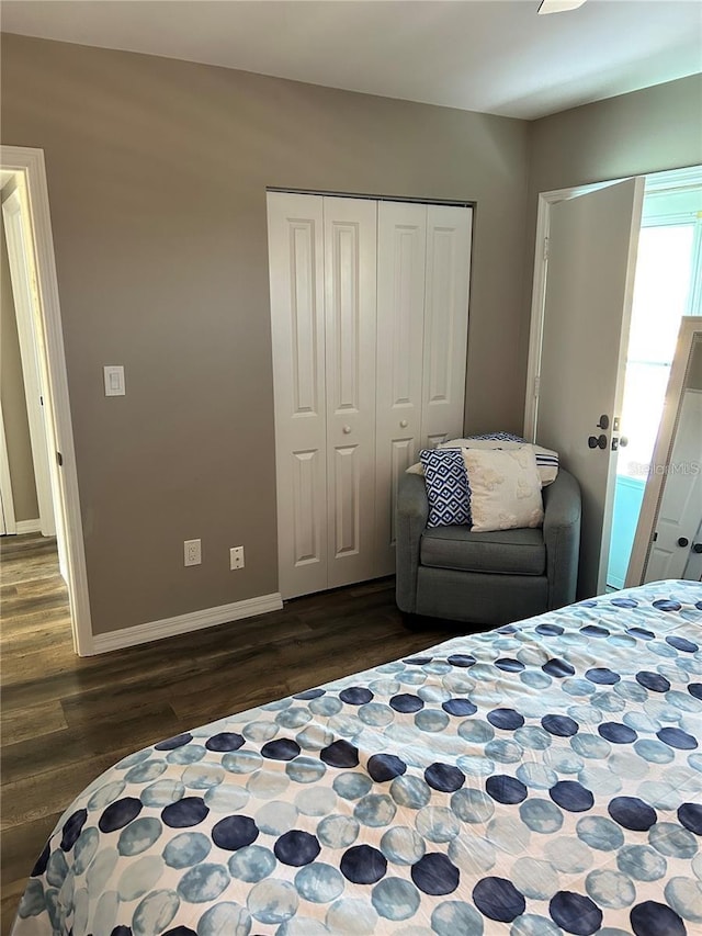 bedroom featuring dark hardwood / wood-style flooring and a closet