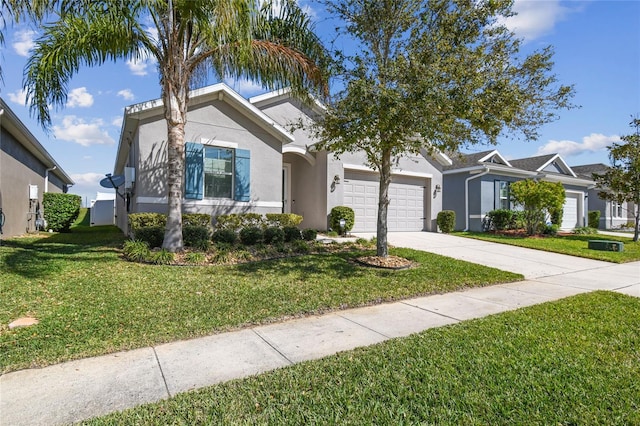 ranch-style home with stucco siding, driveway, an attached garage, and a front lawn