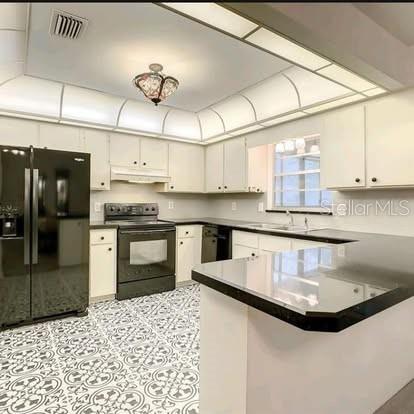 kitchen featuring white cabinetry, sink, kitchen peninsula, and black appliances