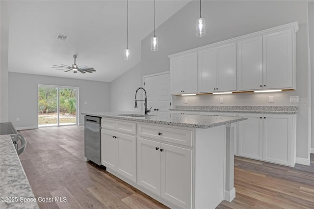 kitchen with sink, white cabinetry, hanging light fixtures, a center island with sink, and appliances with stainless steel finishes