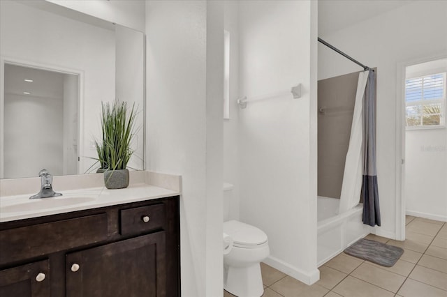 full bathroom with shower / tub combo, vanity, tile patterned floors, and toilet