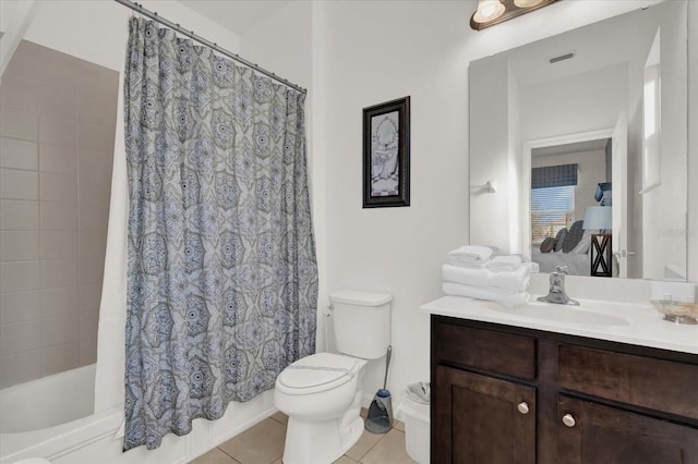 full bathroom with tile patterned flooring, vanity, toilet, and shower / bathtub combination with curtain