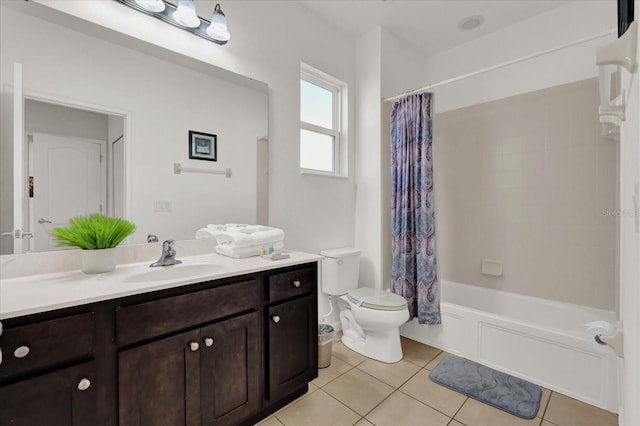 full bathroom with vanity, shower / bathtub combination with curtain, tile patterned floors, and toilet