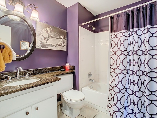 full bathroom with vanity, tile patterned floors, shower / bath combination with curtain, and toilet