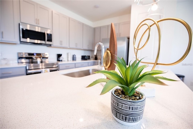 kitchen with stainless steel appliances, gray cabinets, and sink