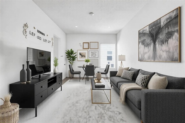 carpeted living room with a textured ceiling