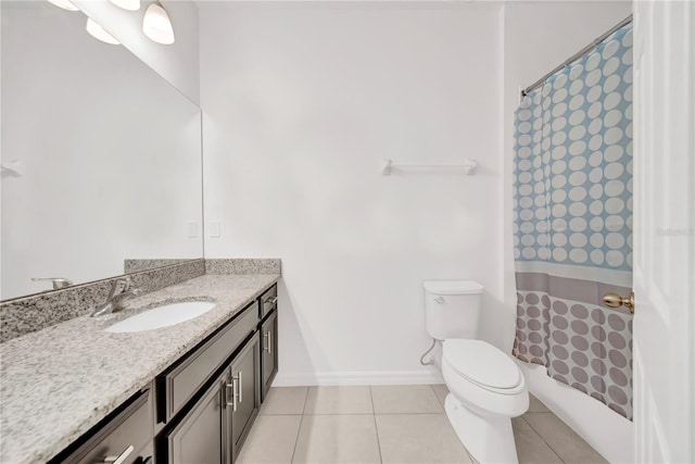 full bathroom featuring vanity, shower / tub combo, tile patterned floors, and toilet