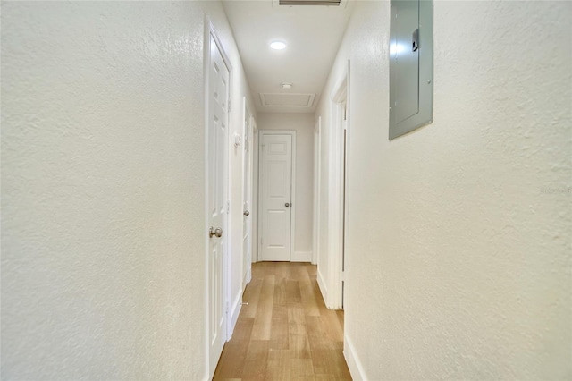 hall with electric panel and light hardwood / wood-style floors