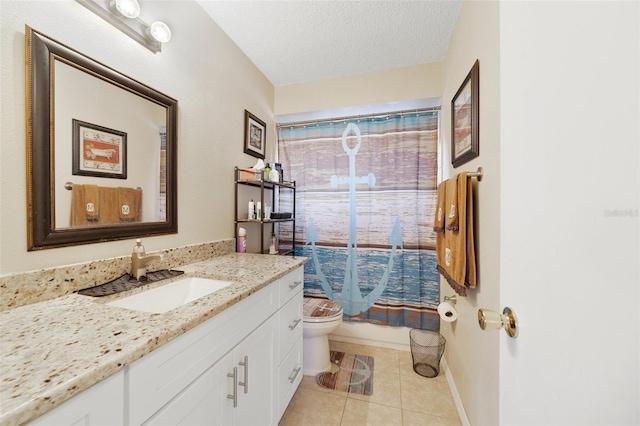 full bathroom with shower / bath combination with curtain, tile patterned flooring, vanity, toilet, and a textured ceiling