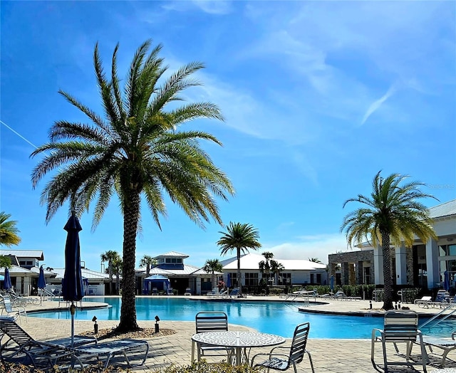 community pool with a patio area