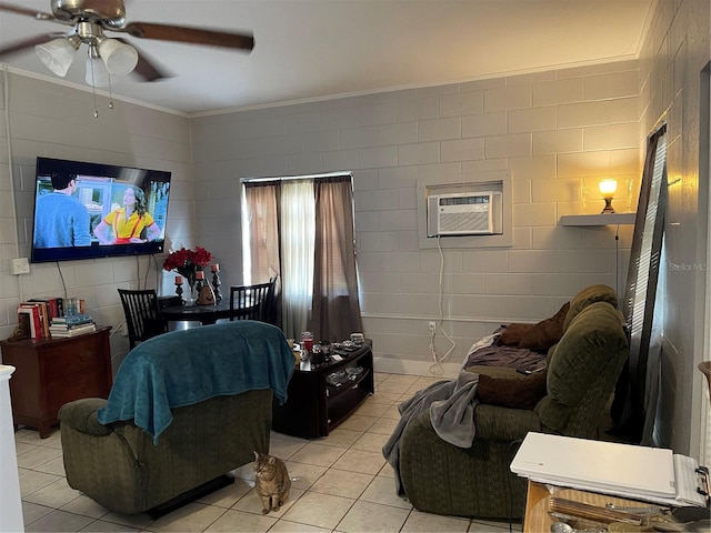 tiled living room featuring a wall mounted air conditioner, ornamental molding, and ceiling fan