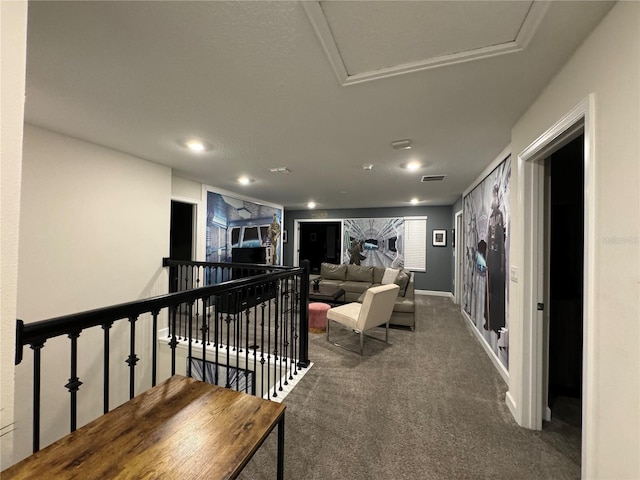 living room with dark carpet