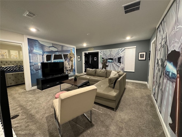 living room with carpet floors and a textured ceiling