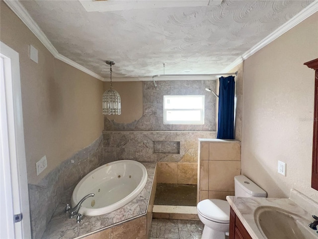 full bathroom featuring crown molding, separate shower and tub, vanity, and toilet