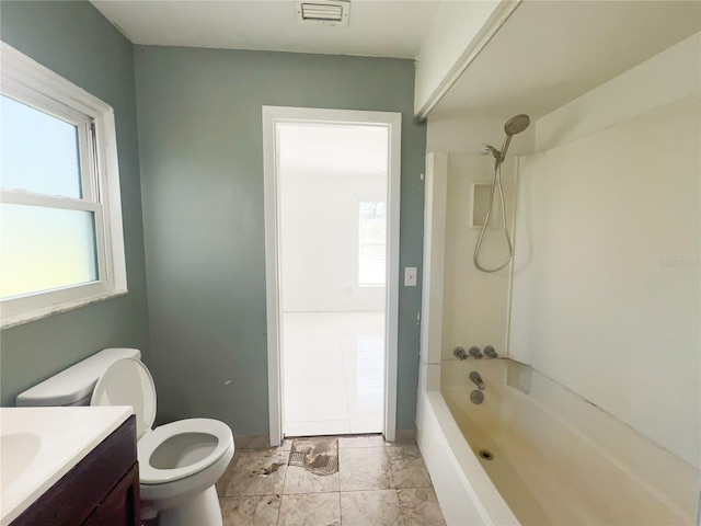 full bathroom with shower / bathtub combination, vanity, toilet, and a wealth of natural light