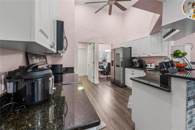 kitchen with white cabinetry, dark stone counters, dark hardwood / wood-style flooring, ceiling fan, and stainless steel appliances