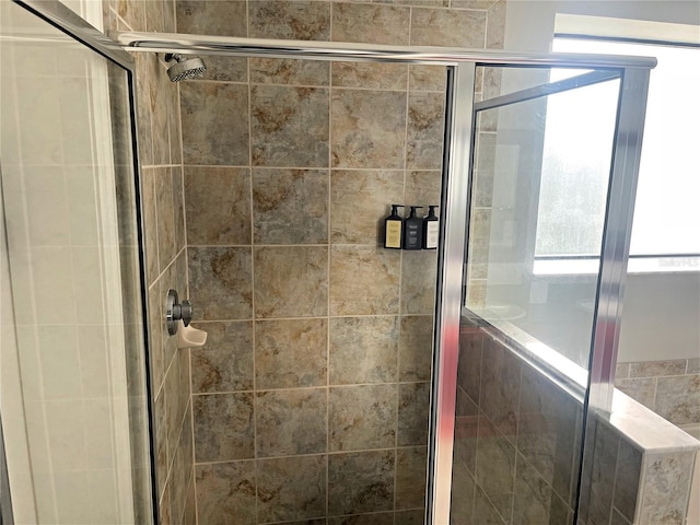 bathroom featuring a shower with shower door