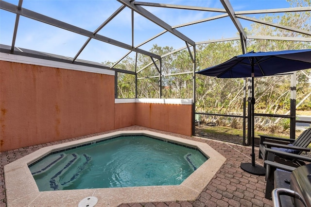 view of swimming pool featuring a lanai and a patio area