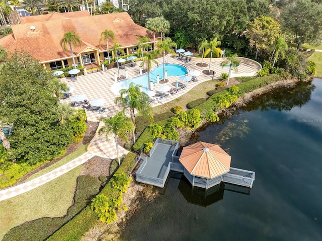 drone / aerial view with a water view