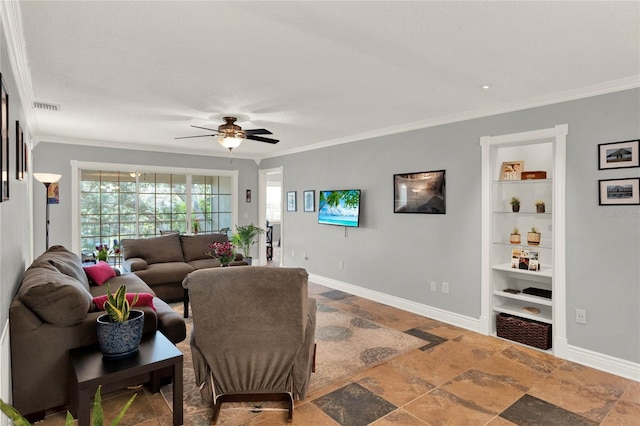 living room featuring crown molding, built in features, and ceiling fan