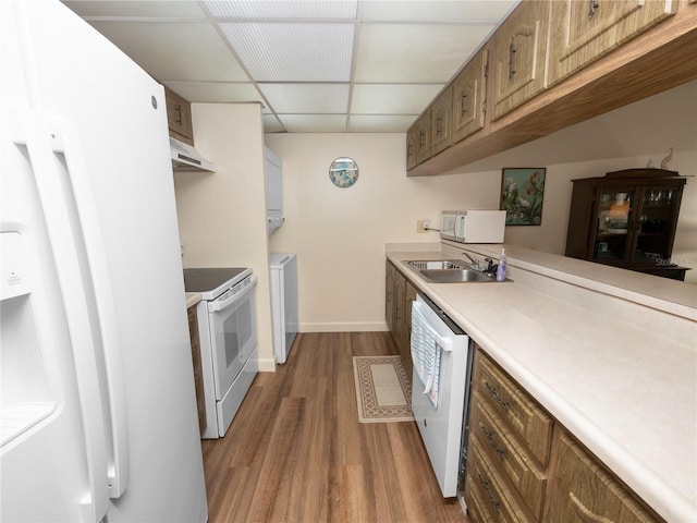 kitchen featuring white appliances, wood-type flooring, a paneled ceiling, and sink