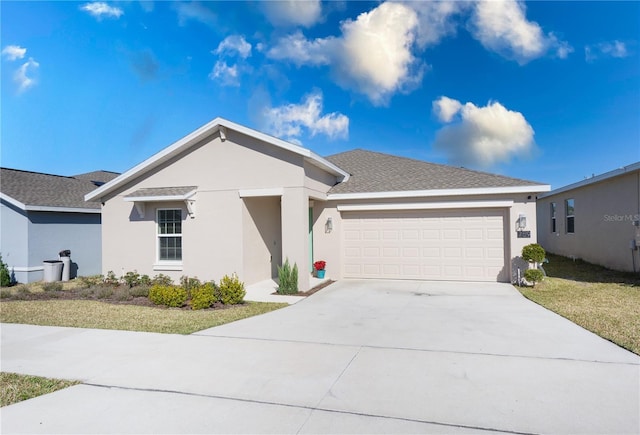 ranch-style home featuring a garage and a front yard