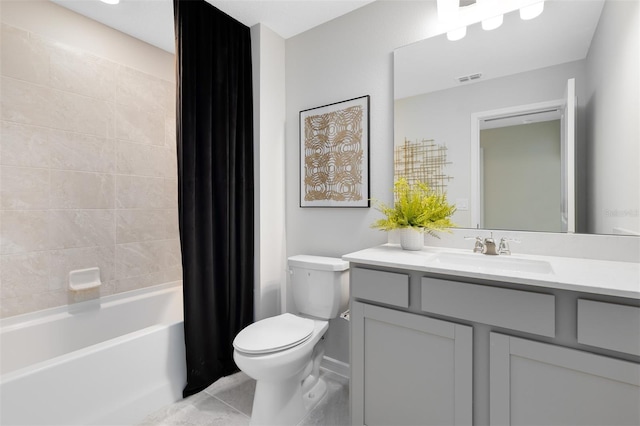 full bathroom featuring vanity, shower / bathtub combination with curtain, and toilet