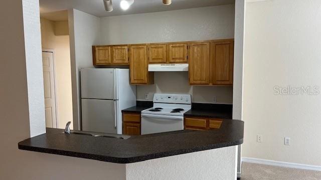 kitchen featuring white appliances, kitchen peninsula, sink, and light carpet