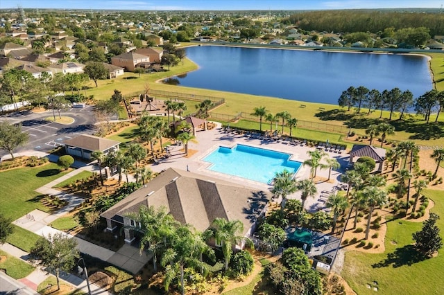 drone / aerial view featuring a water view