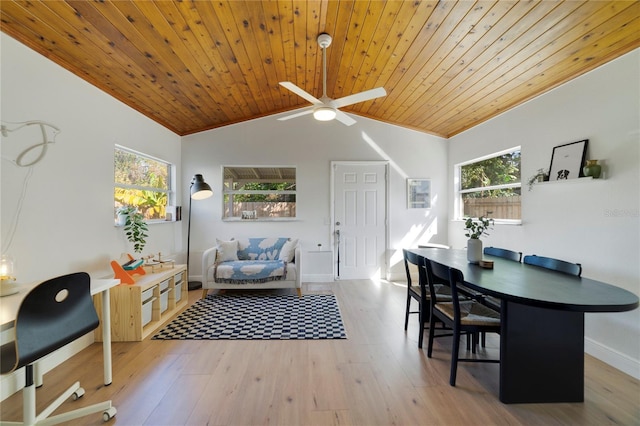 dining area with vaulted ceiling, a wealth of natural light, hardwood / wood-style floors, and wooden ceiling