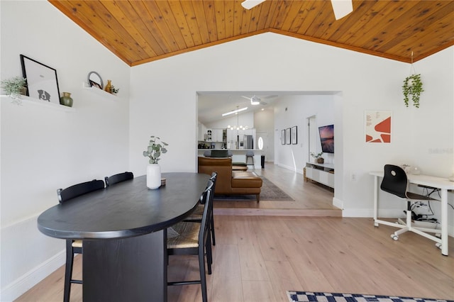 dining space with lofted ceiling, wood ceiling, ceiling fan with notable chandelier, and light wood-type flooring