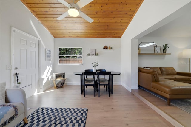 dining space with vaulted ceiling, wooden ceiling, light hardwood / wood-style floors, and ceiling fan