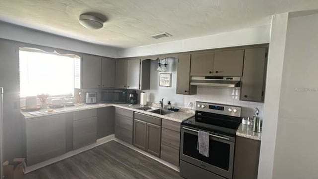 kitchen featuring tasteful backsplash, sink, stainless steel electric stove, and dark hardwood / wood-style floors