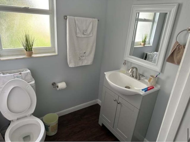 bathroom featuring vanity, hardwood / wood-style flooring, and toilet