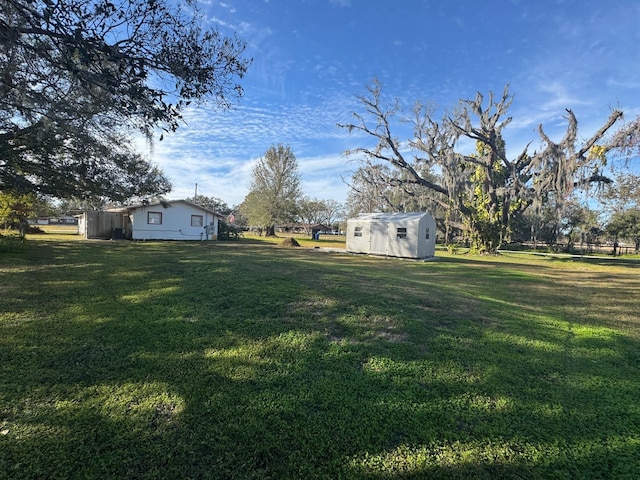 view of yard with a storage shed