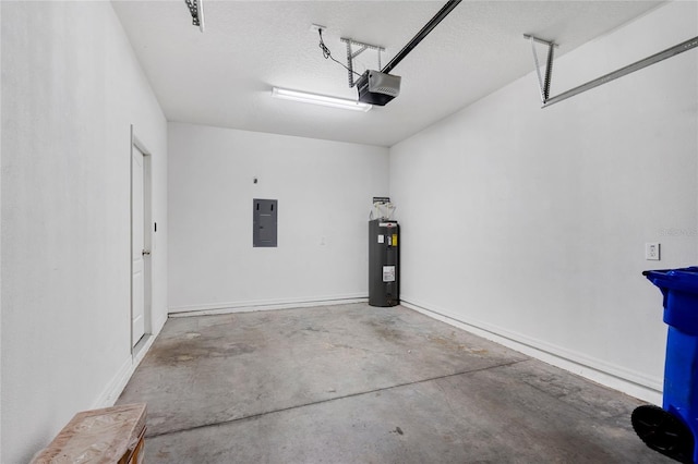 garage featuring water heater, a garage door opener, and electric panel